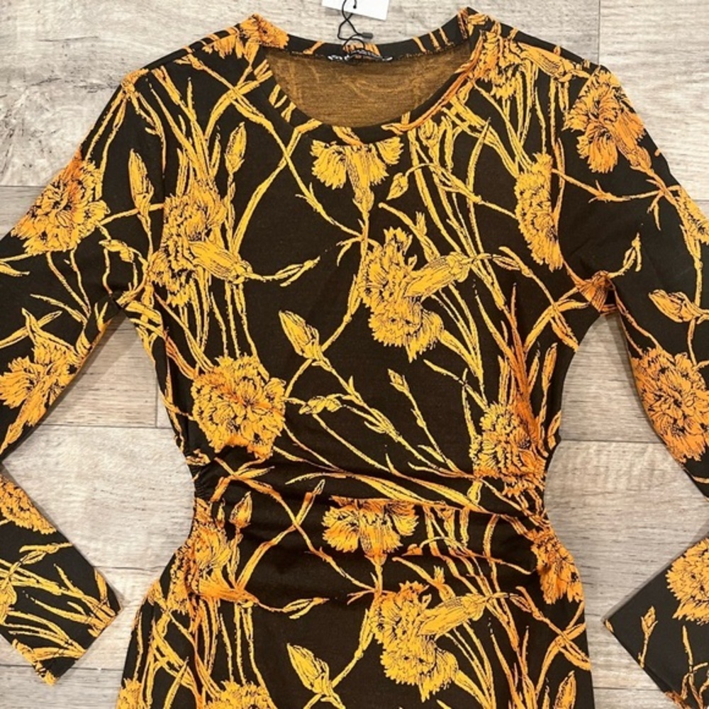 Zara Gold and Black Sheath Midi Dress with Cuffed Sleeves